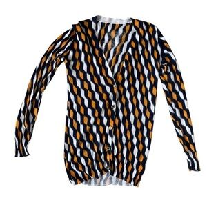Michael Kors Orange White Navy Patterned Button Down V-neck Cardigan - Size XS